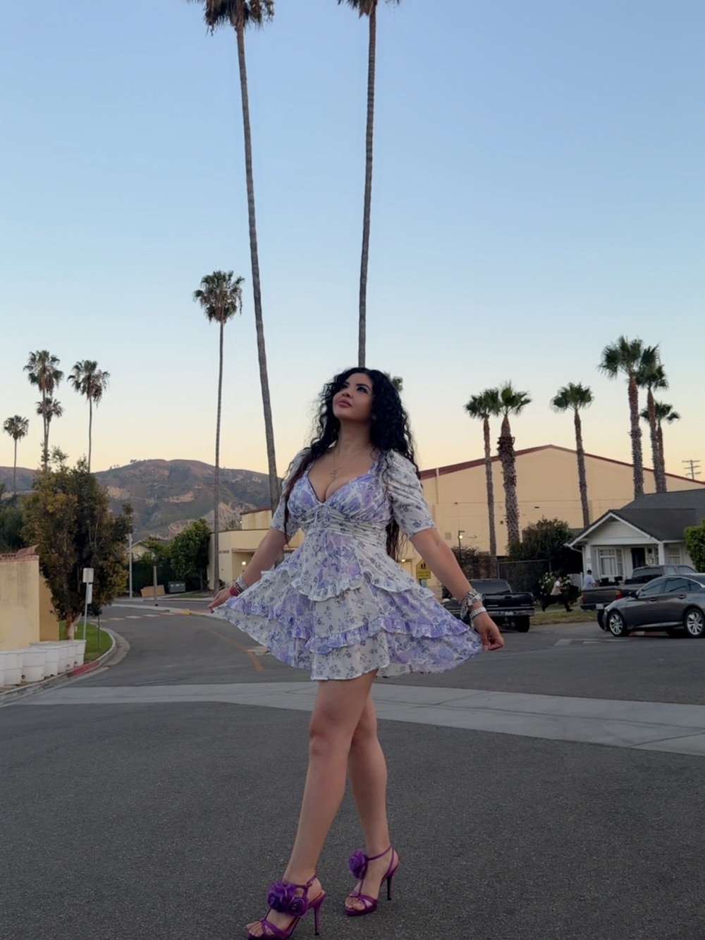 For Love and Lemons White Mini Dress with Lavender Floral Print